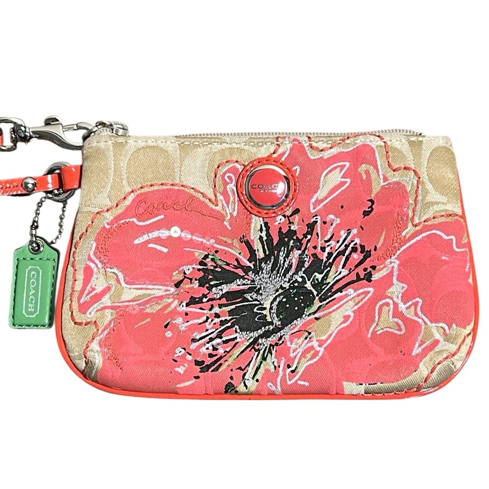 Coach Coral Floral Signature Wristlet with Green Tag